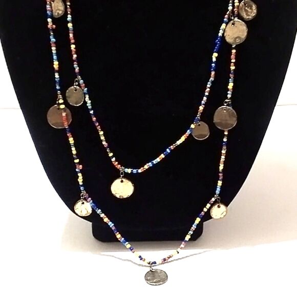Boho Inspired Multi Color Seed Bead and Gold Disc Charm Necklace - Picture 2 of 6